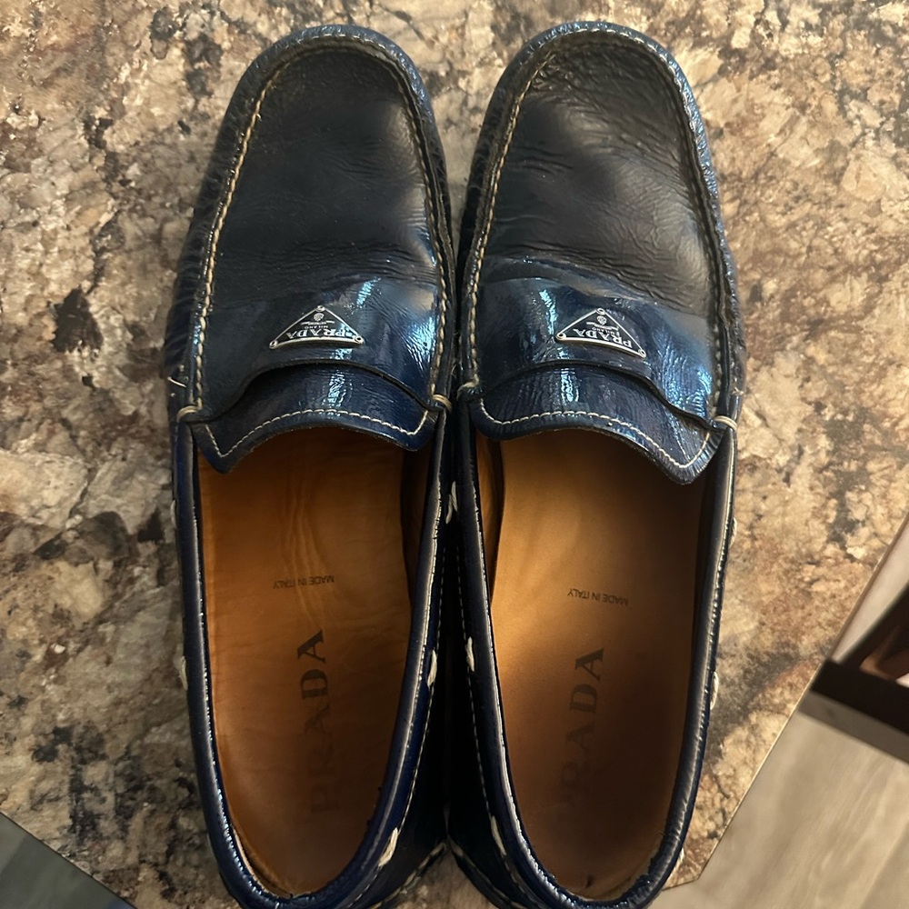 Prada Men's Navy Leather Slip-On Loafers